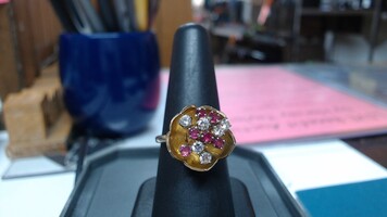 Vintage 18K YG Ruby & Diamond Ring Tulip Ring, Size 7